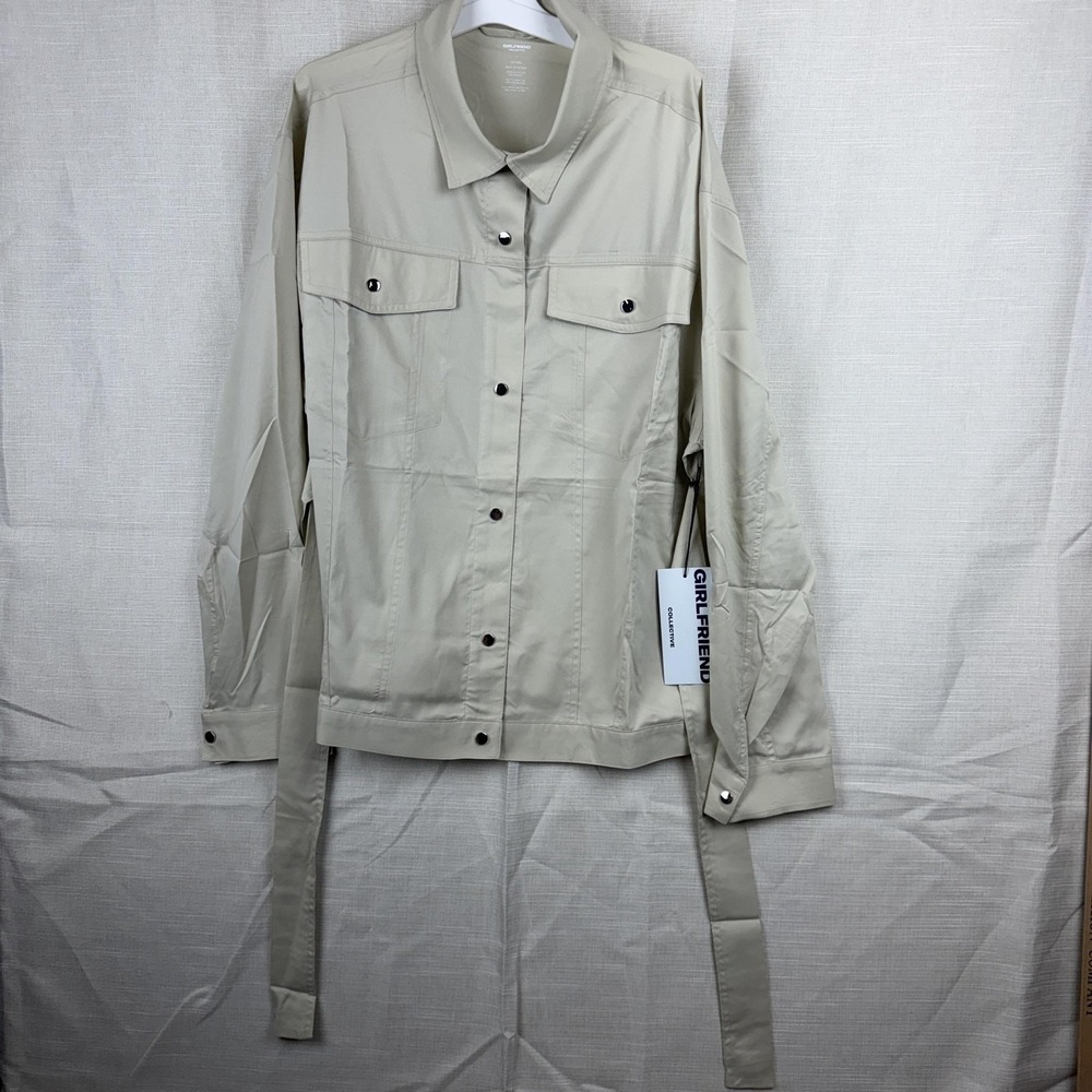 Girlfriend‎ Collective Jacket Womens Large Beige Snap Front Belted Windbreaker